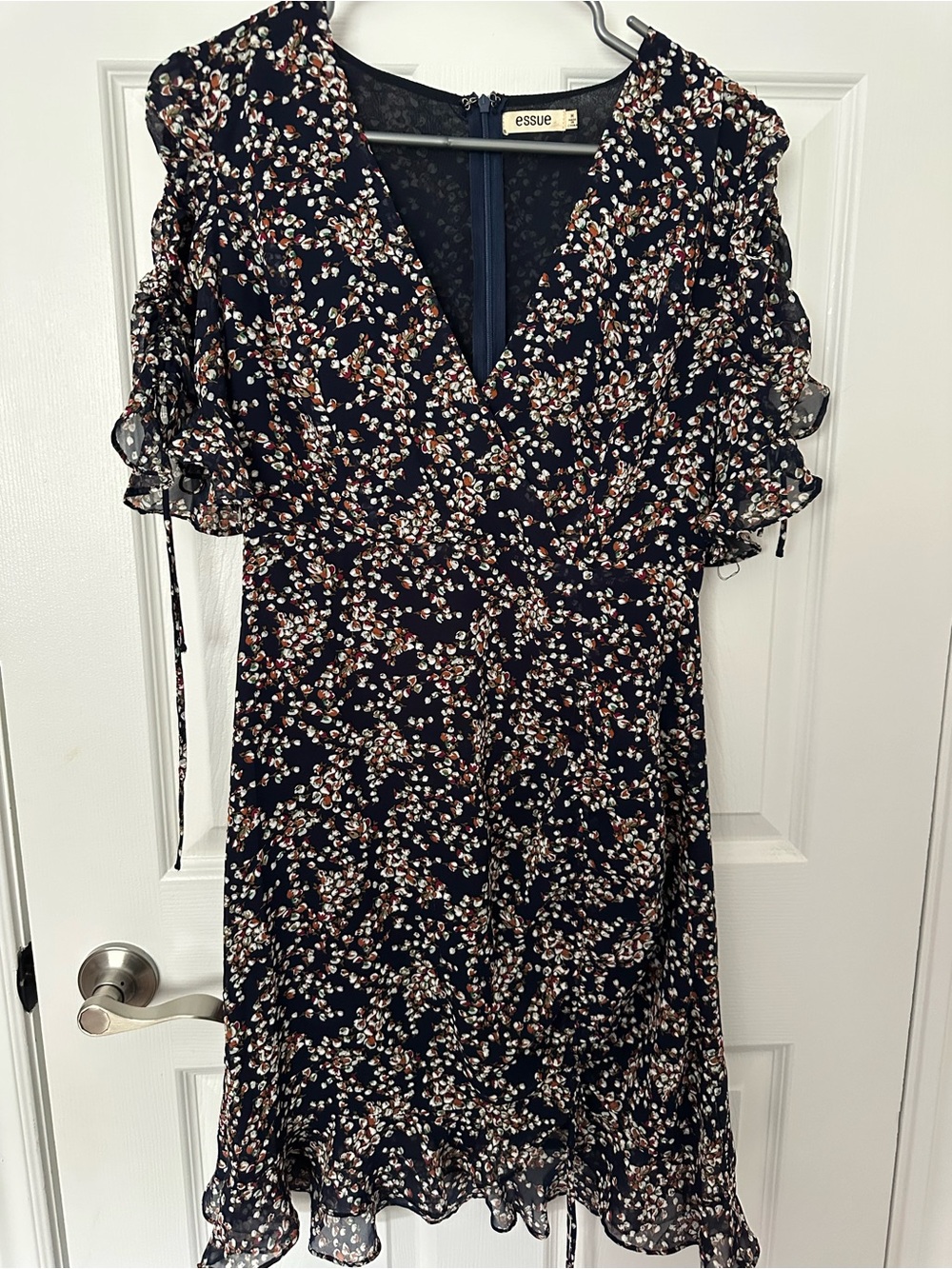 Navy Floral Mini Dress with Ruffle Short Sleeves